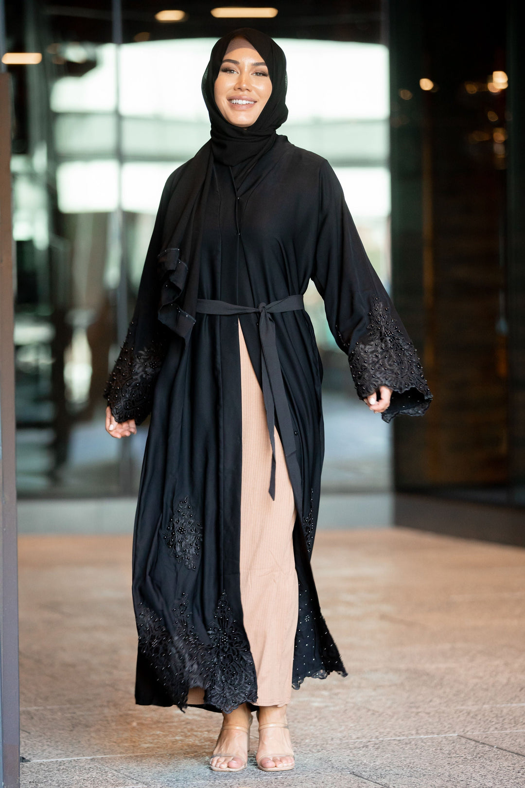 Nawal Black Lace and Pearls Open Front Abaya