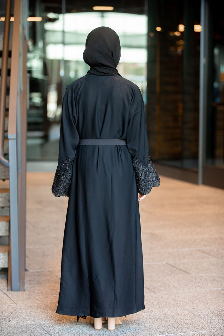 Nawal Black Lace and Pearls Open Front Abaya