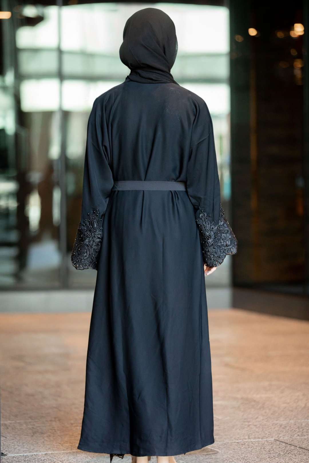 Nawal Black Lace and Pearls Open Front Abaya