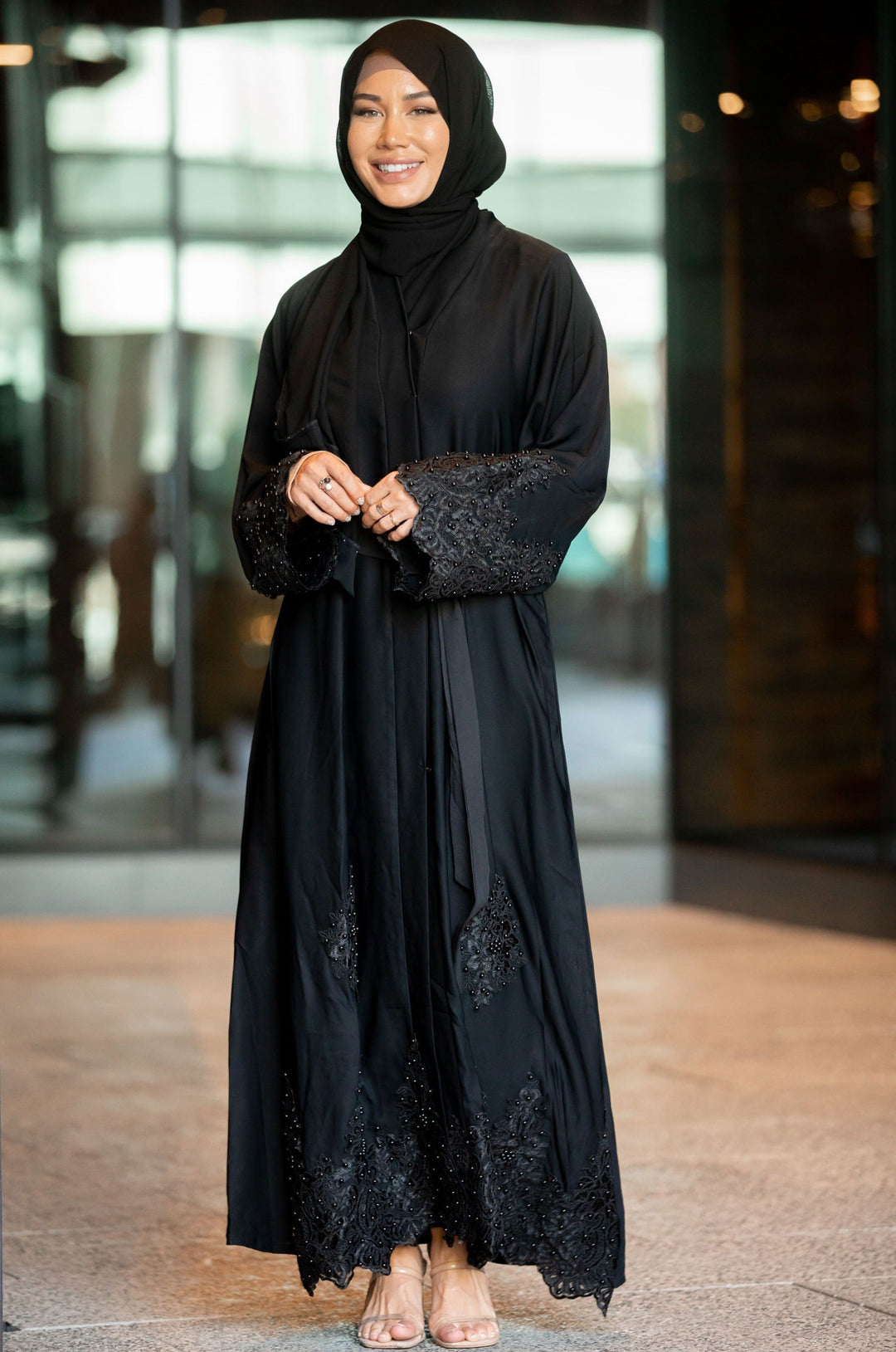 Nawal Black Lace and Pearls Open Front Abaya