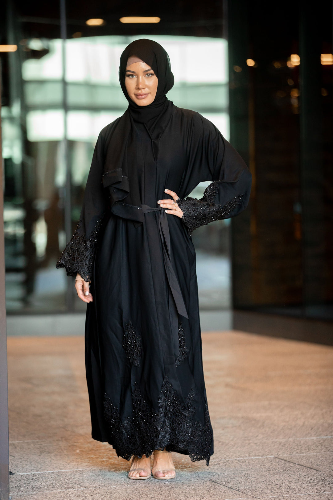 Nawal Black Lace and Pearls Open Front Abaya