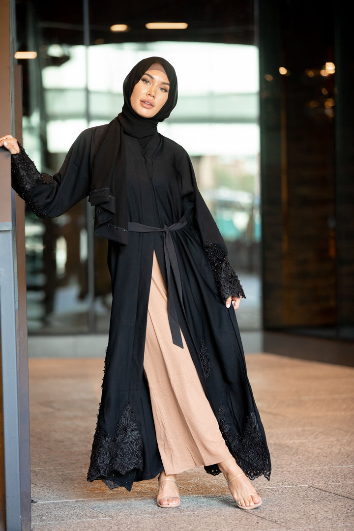 Nawal Black Lace and Pearls Open Front Abaya