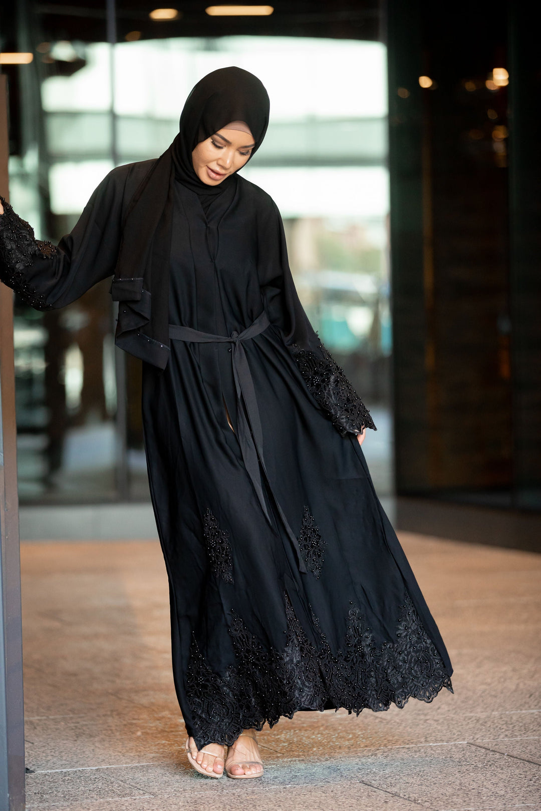 Nawal Black Lace and Pearls Open Front Abaya