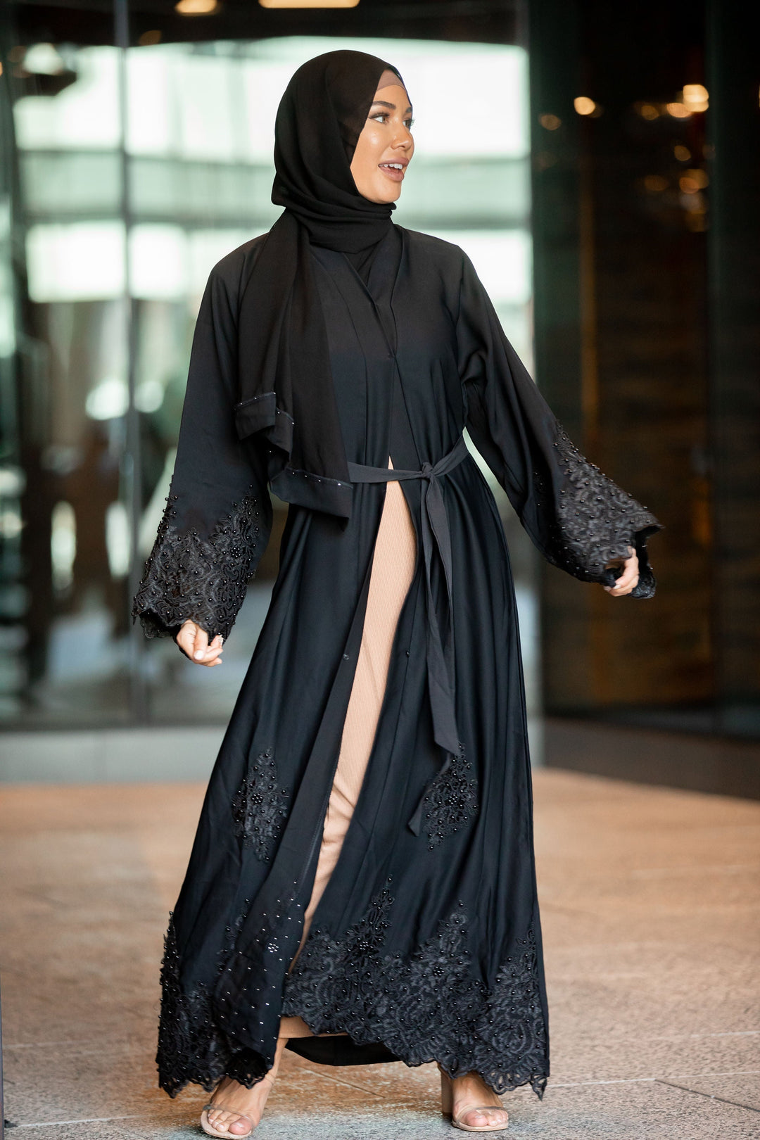 Nawal Black Lace and Pearls Open Front Abaya