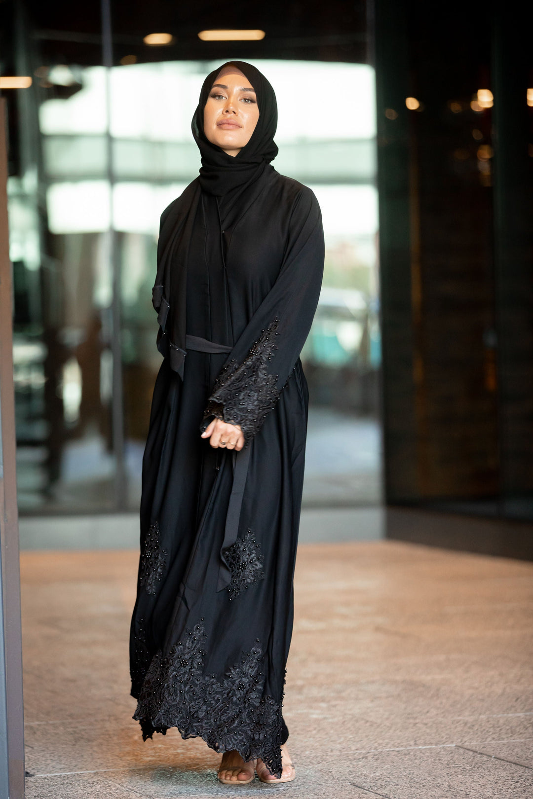 Nawal Black Lace and Pearls Open Front Abaya