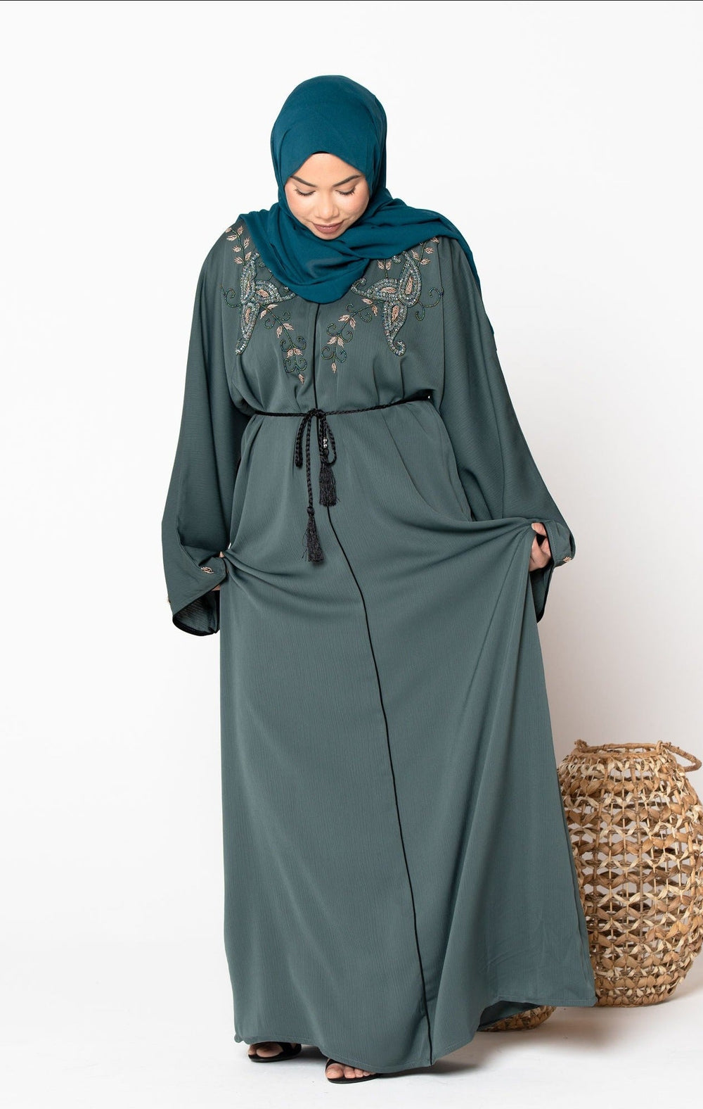 Olive Beaded Open Front Abaya