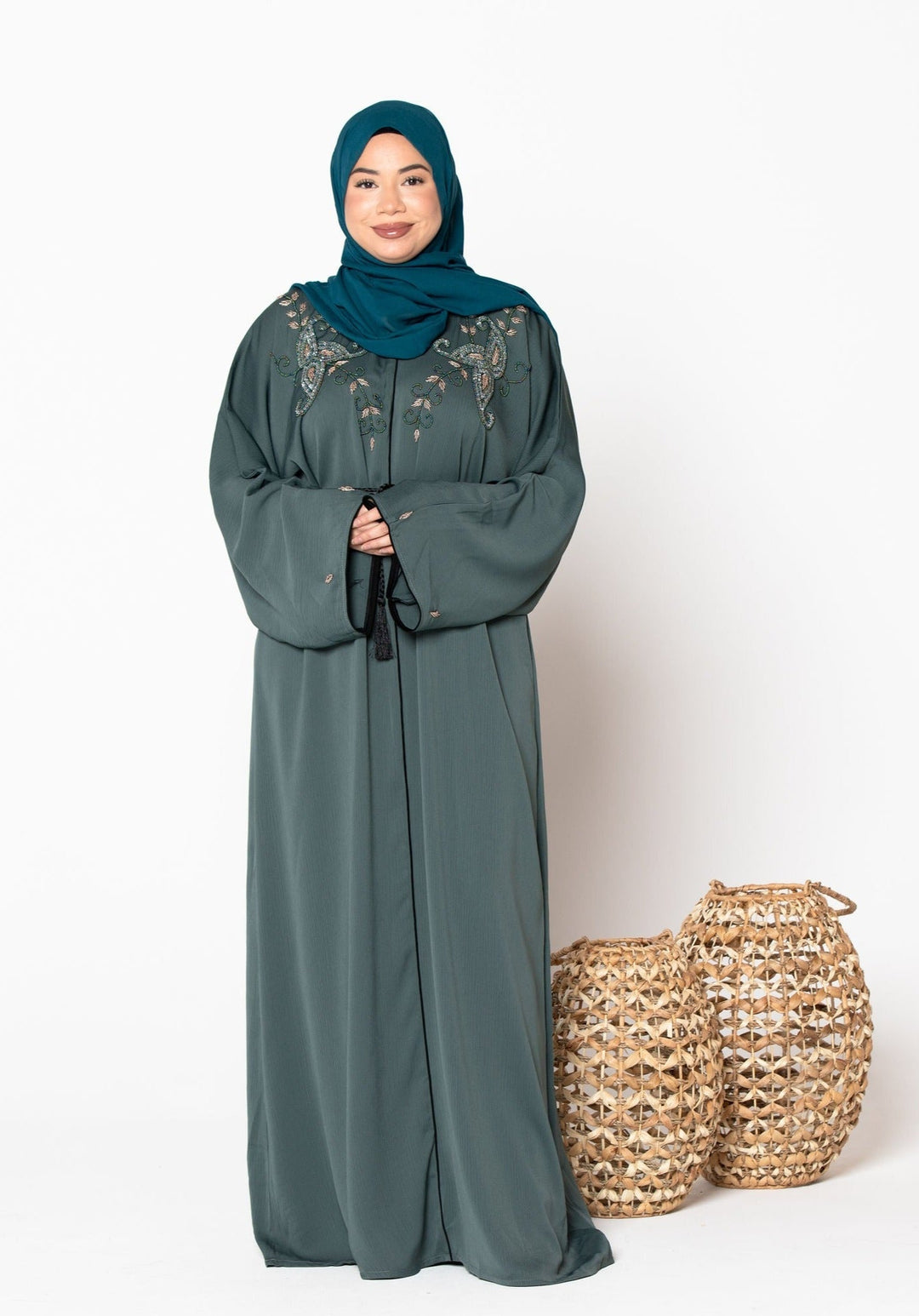 Olive Beaded Open Front Abaya