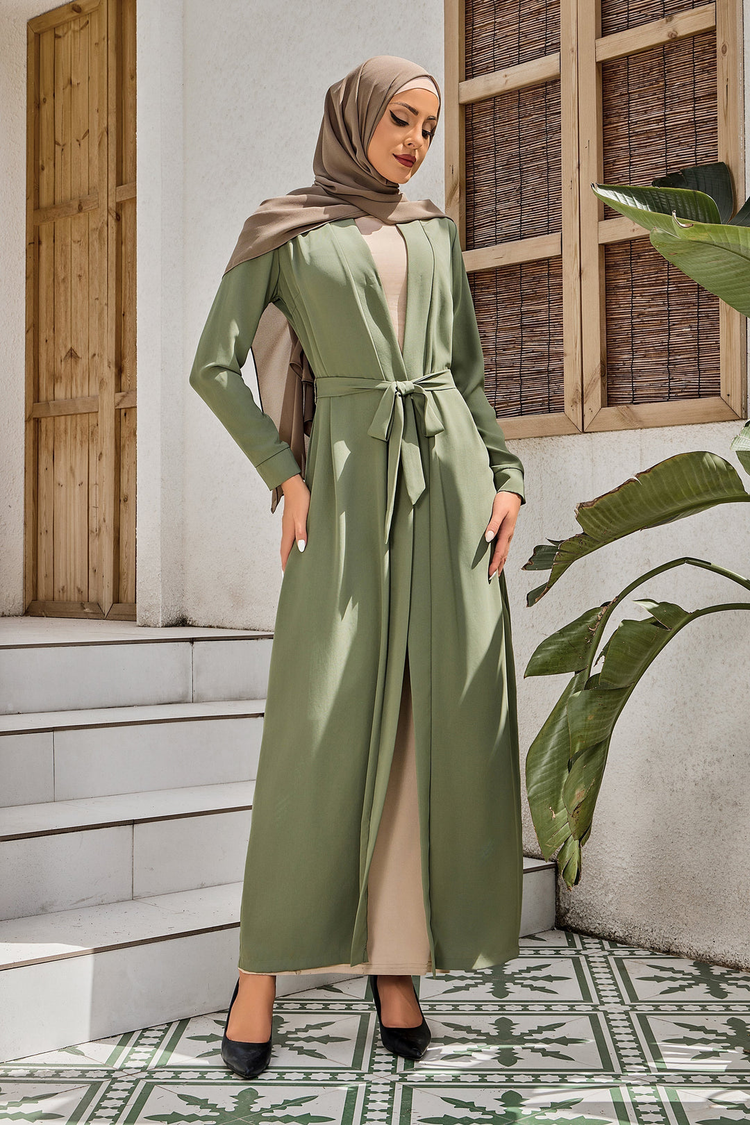 Olive Belted Open Abaya-CLEARANCE