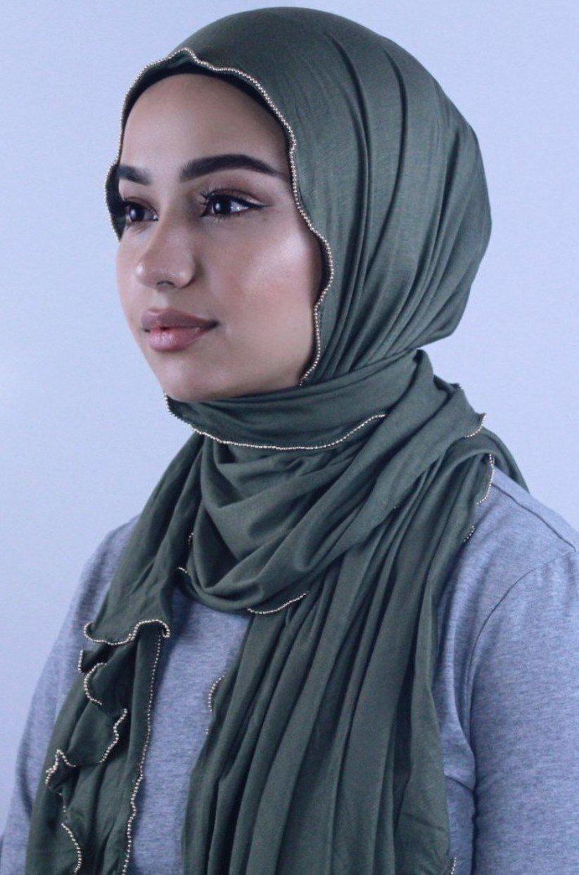 Olive Jersey Solid With Beaded Trim Hijab