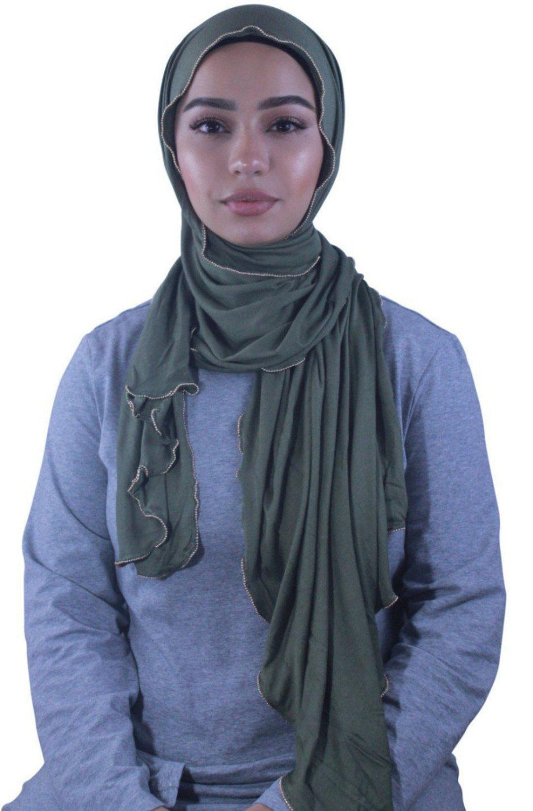 Olive Jersey Solid With Beaded Trim Hijab