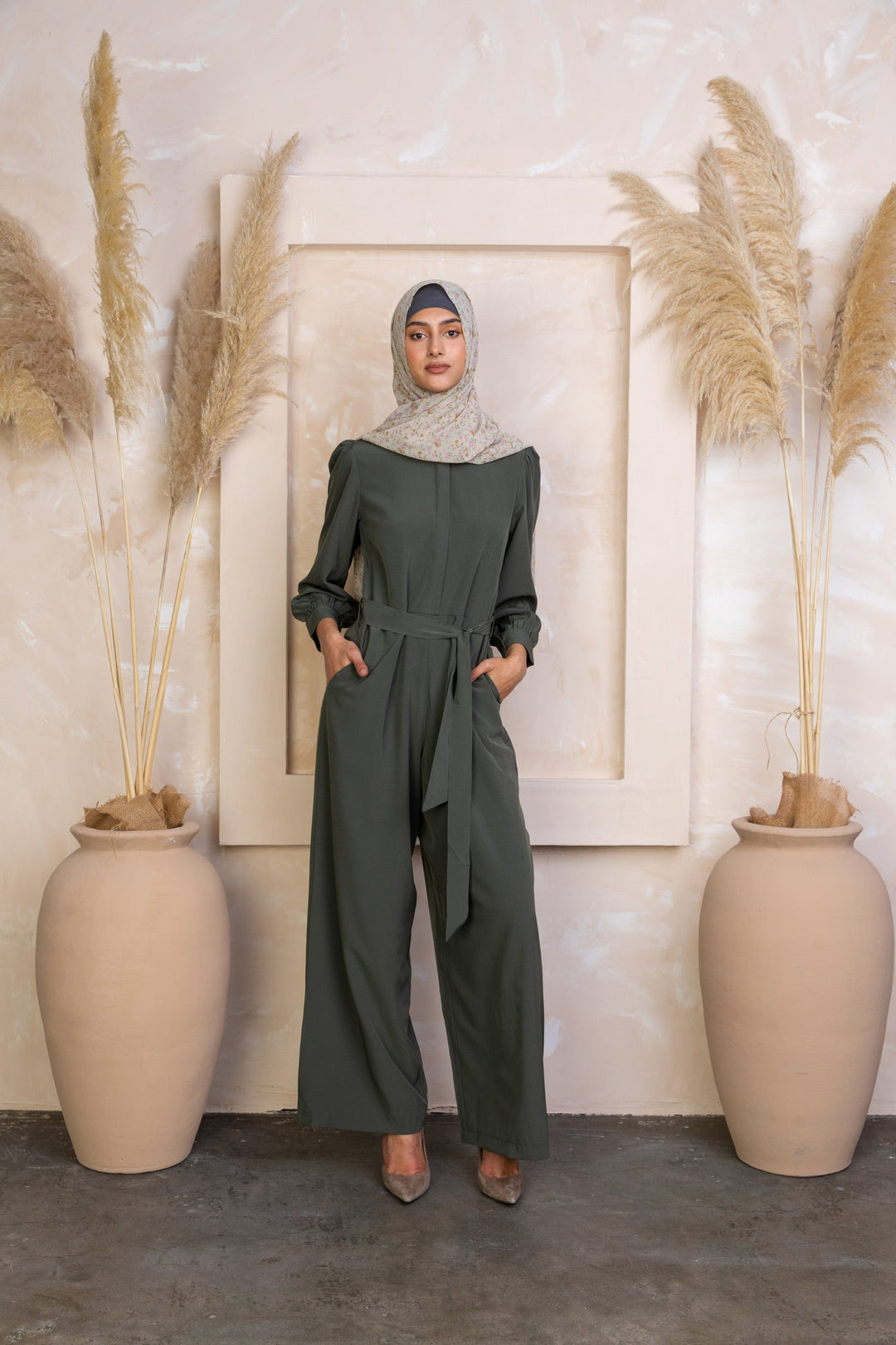 Olive Lattice Long Sleeve Jumpsuit-CLEARANCE - Urban Modesty