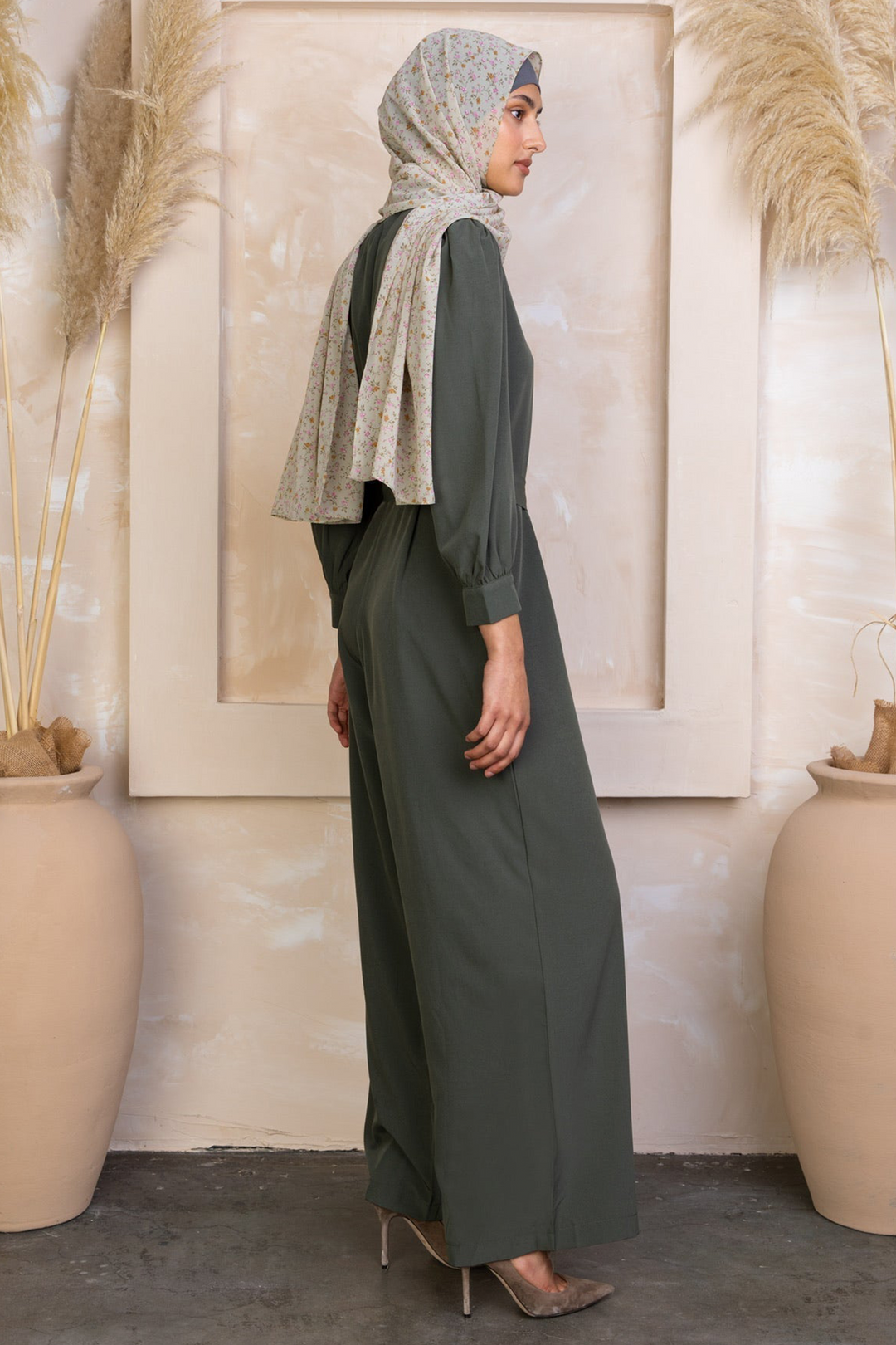 Olive Lattice Long Sleeve Jumpsuit-CLEARANCE - Urban Modesty