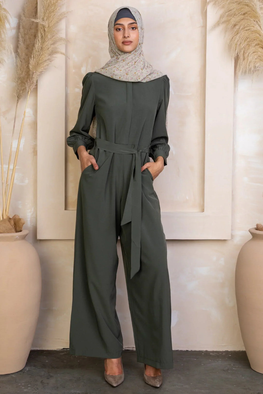 Olive Lattice Long Sleeve Jumpsuit-CLEARANCE - Small