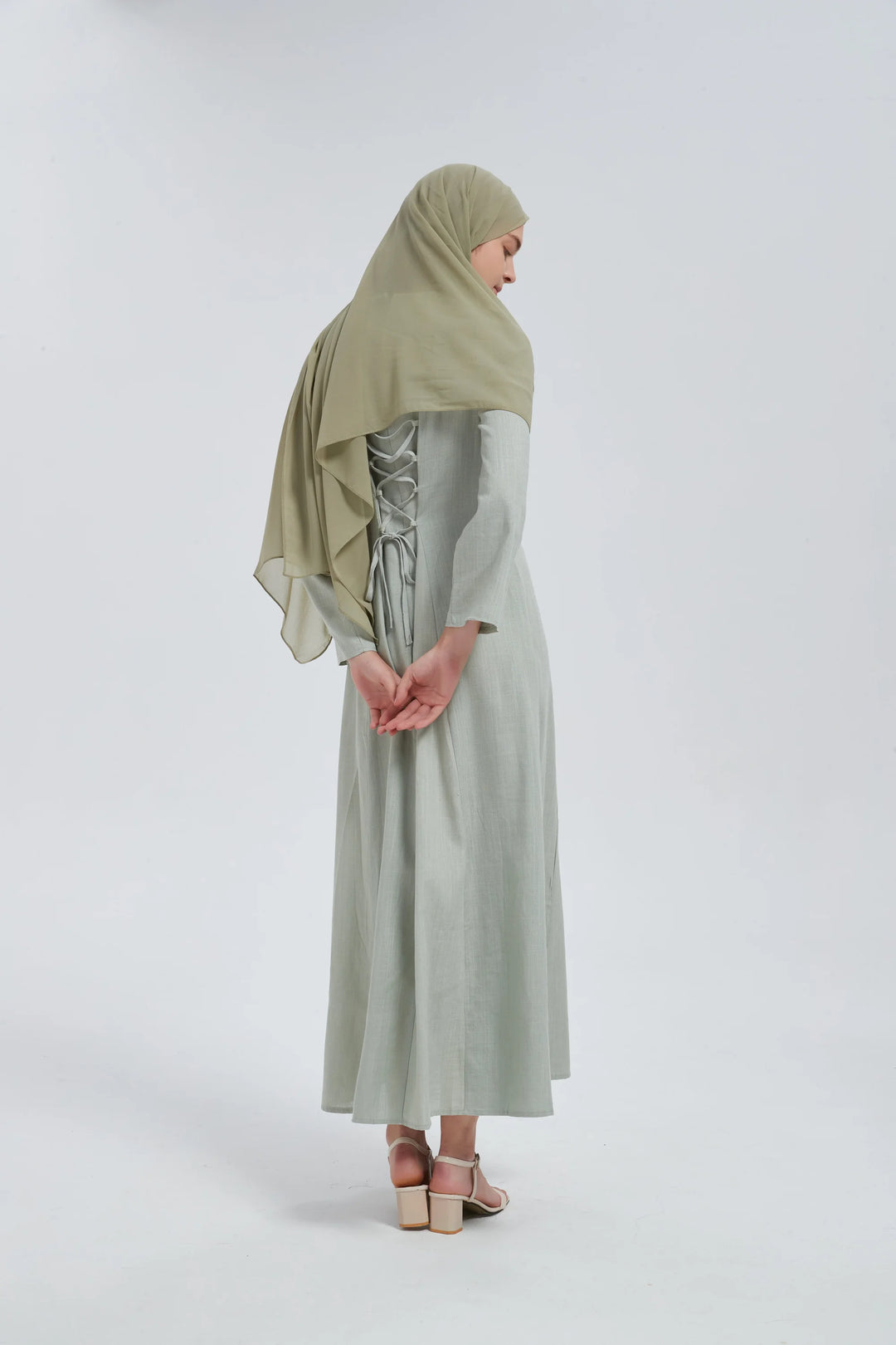 Olive Linen Lace Up Maxi Dress One Size S L / Green