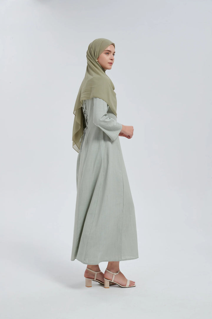 Olive Linen Lace Up Maxi Dress One Size S L / Green