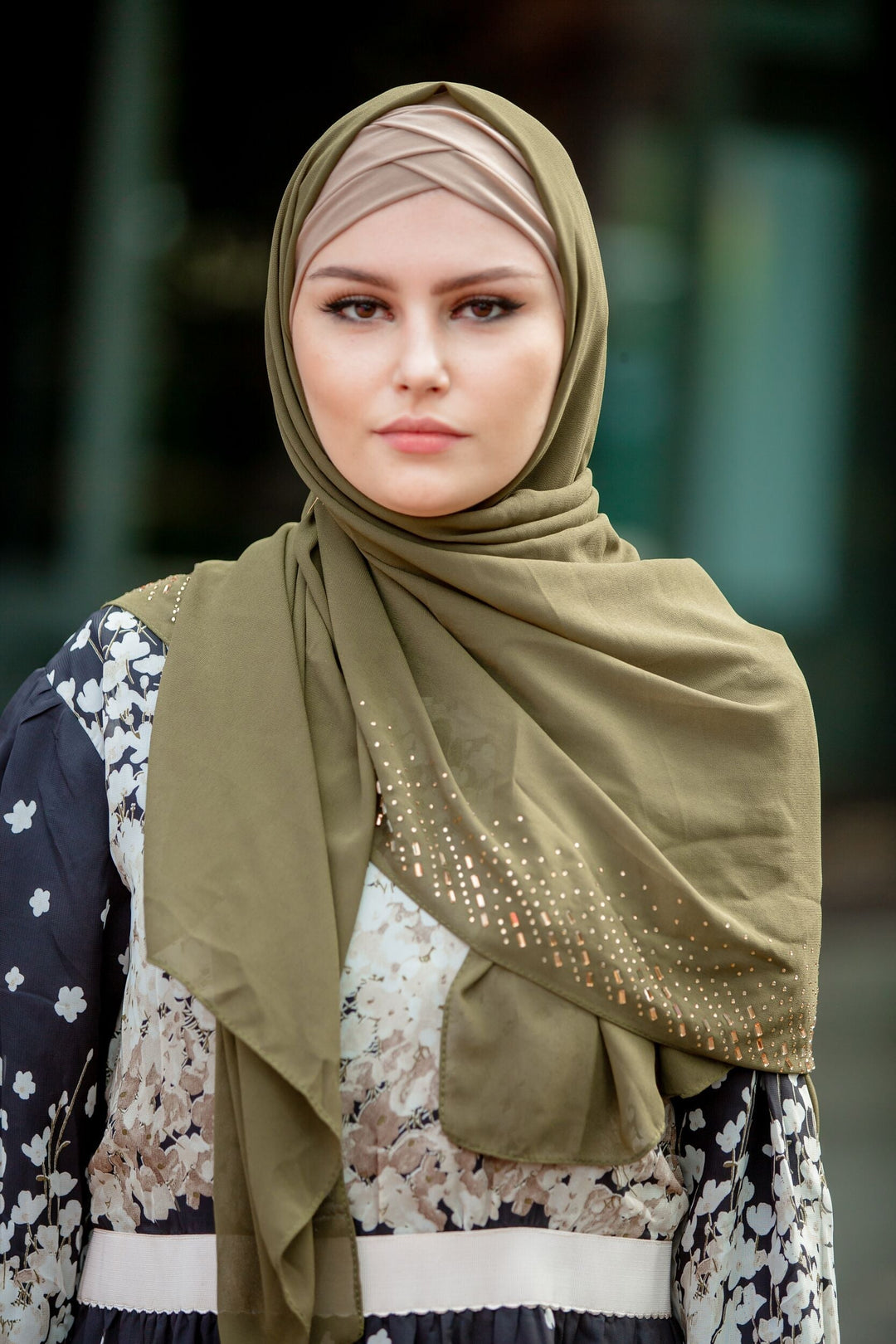 Olive Rhinestone Chiffon Hijab - Urban Modesty