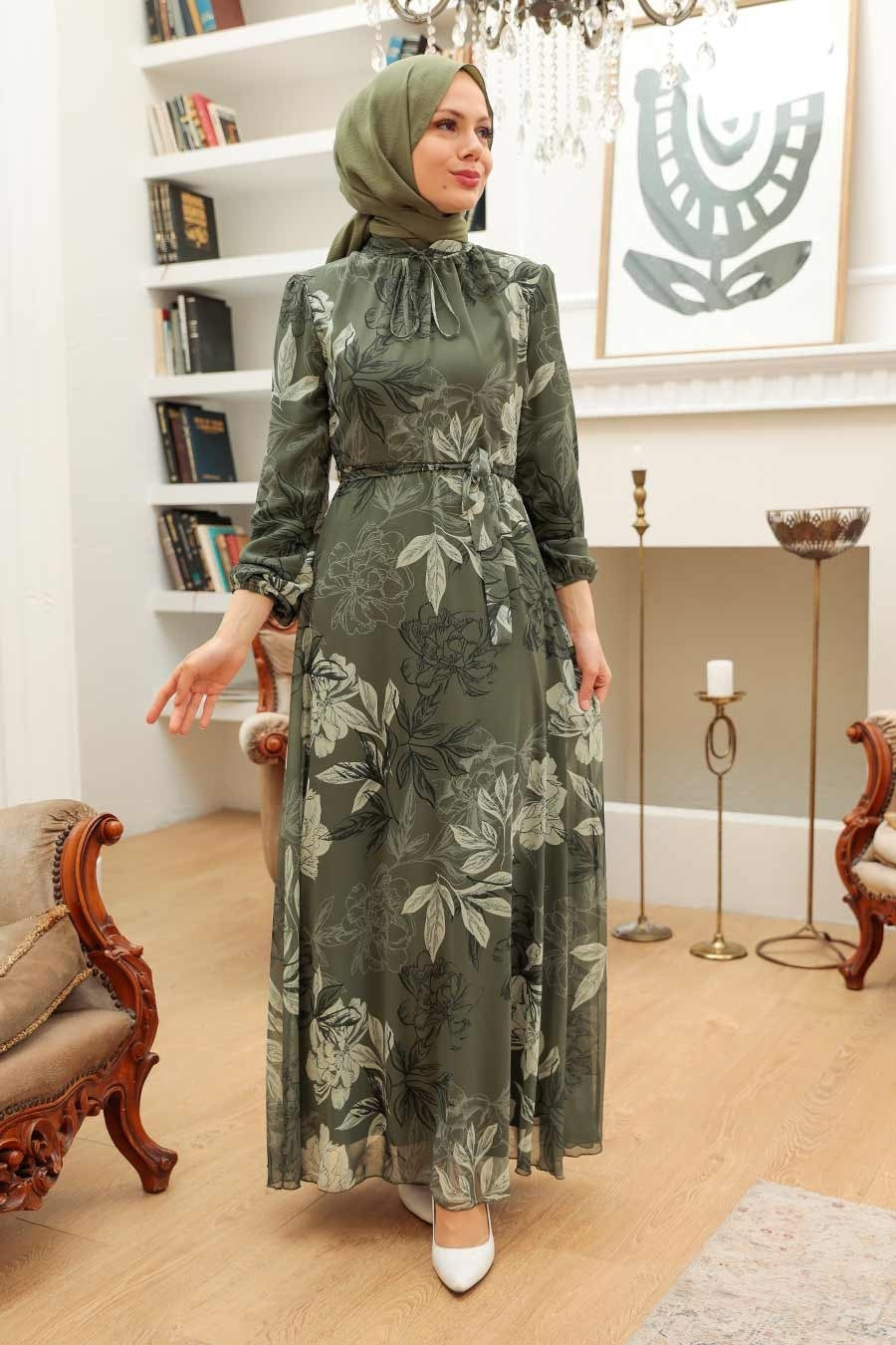 Olive and Beige Floral Chiffon Long Sleeve Maxi Dress - Urban Modesty