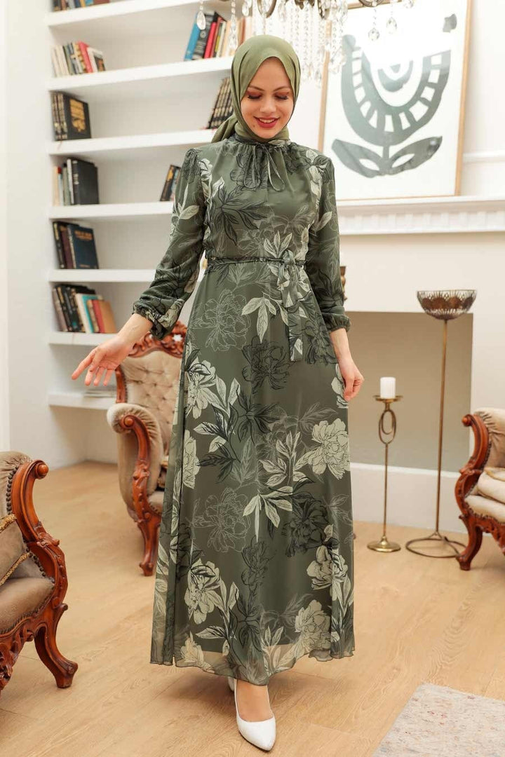 Olive and Beige Floral Chiffon Long Sleeve Maxi Dress - Urban Modesty