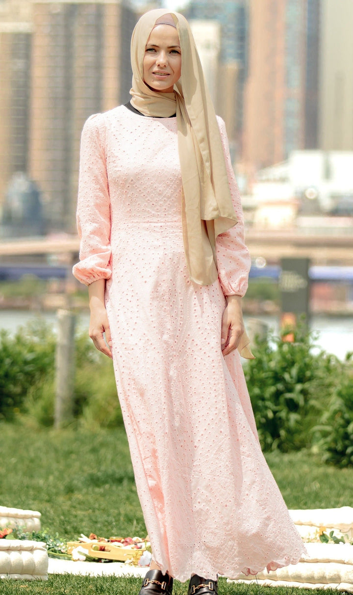 Peach Eyelet Long Sleeve Maxi Dress