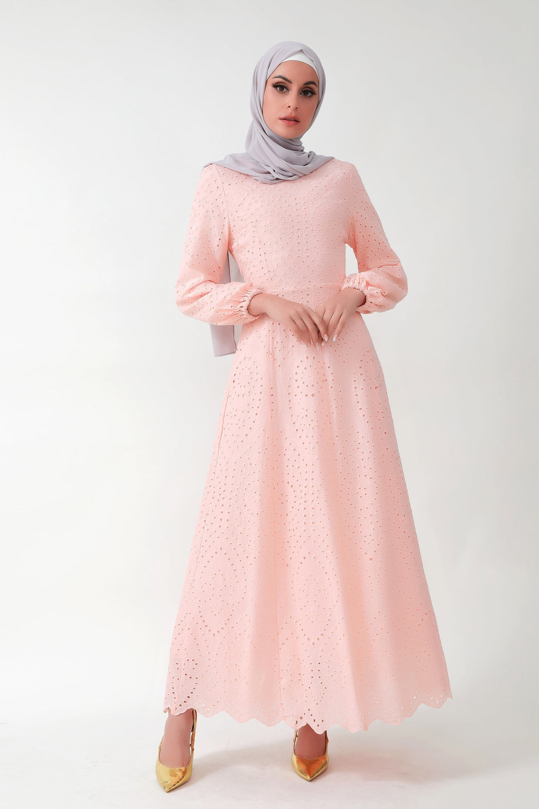 Peach Eyelet Long Sleeve Maxi Dress