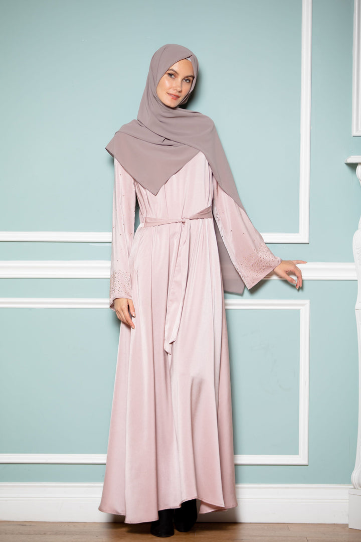 Pink Beaded Satin Long Sleeve Maxi Dress-CLEARANCE