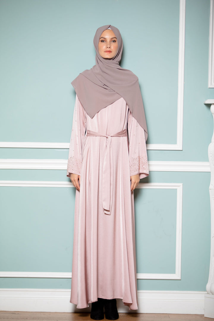 Pink Beaded Satin Long Sleeve Maxi Dress-CLEARANCE