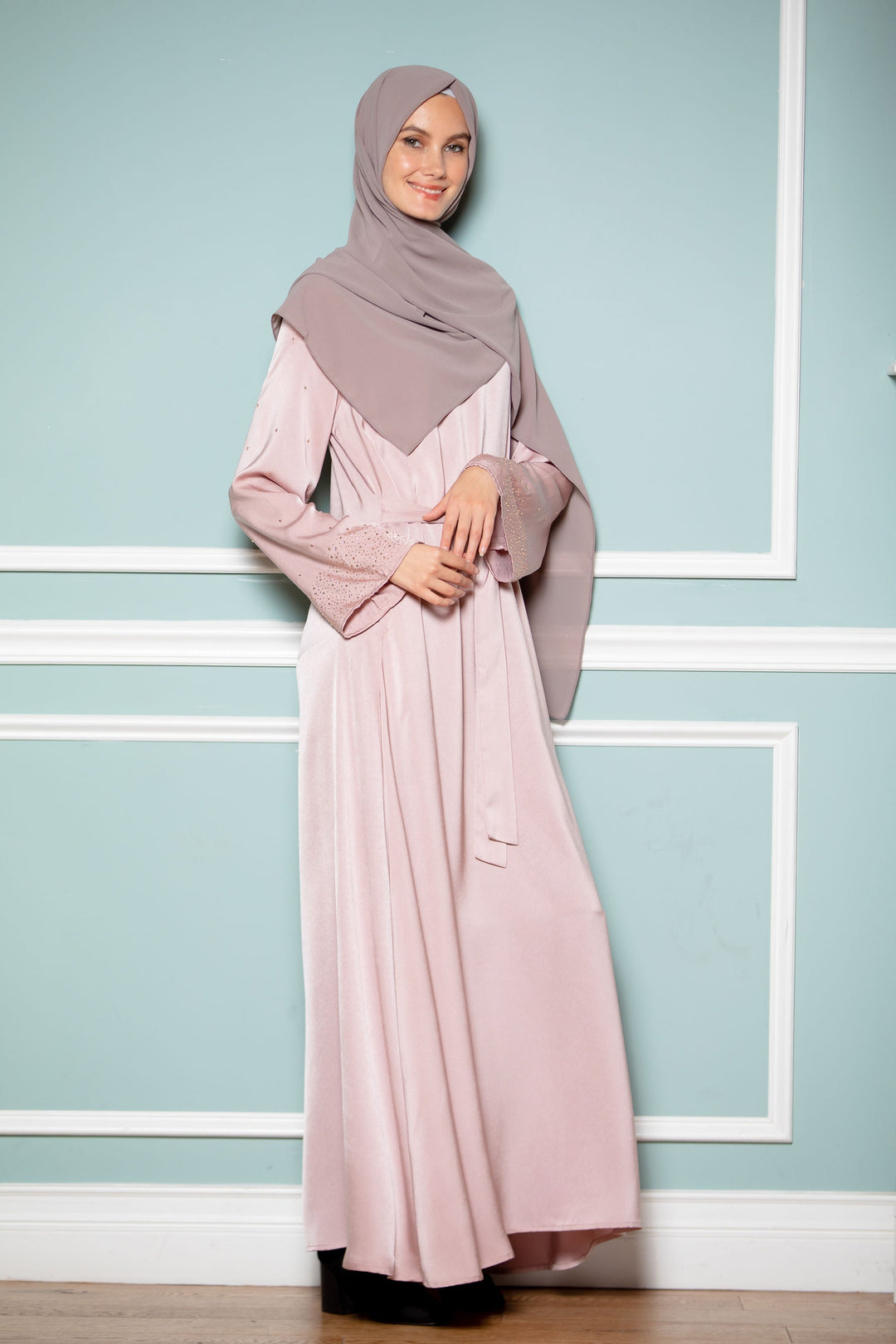 Pink Beaded Satin Long Sleeve Maxi Dress-CLEARANCE