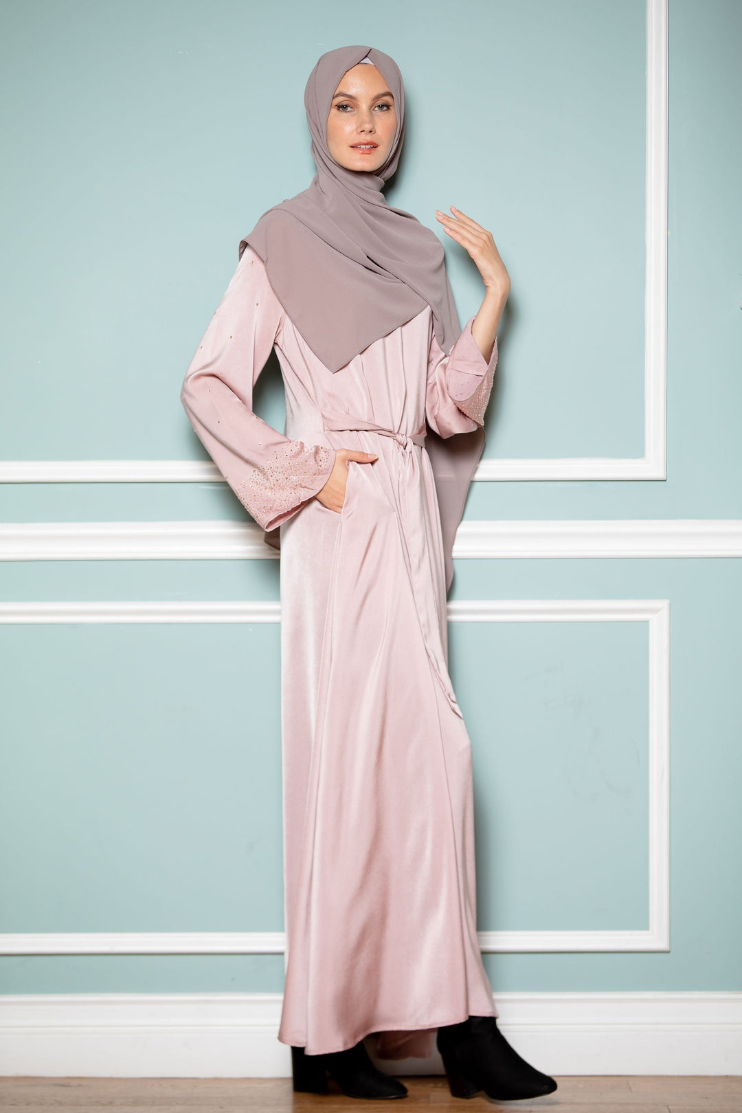 Pink Beaded Satin Long Sleeve Maxi Dress-CLEARANCE