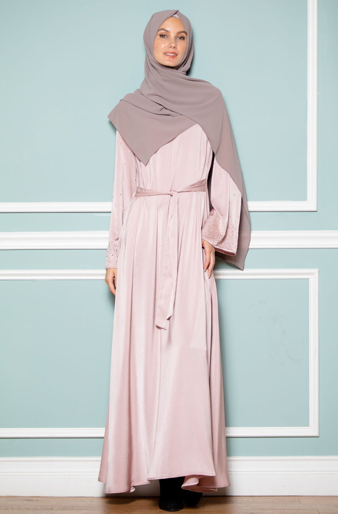 Pink Beaded Satin Long Sleeve Maxi Dress-CLEARANCE