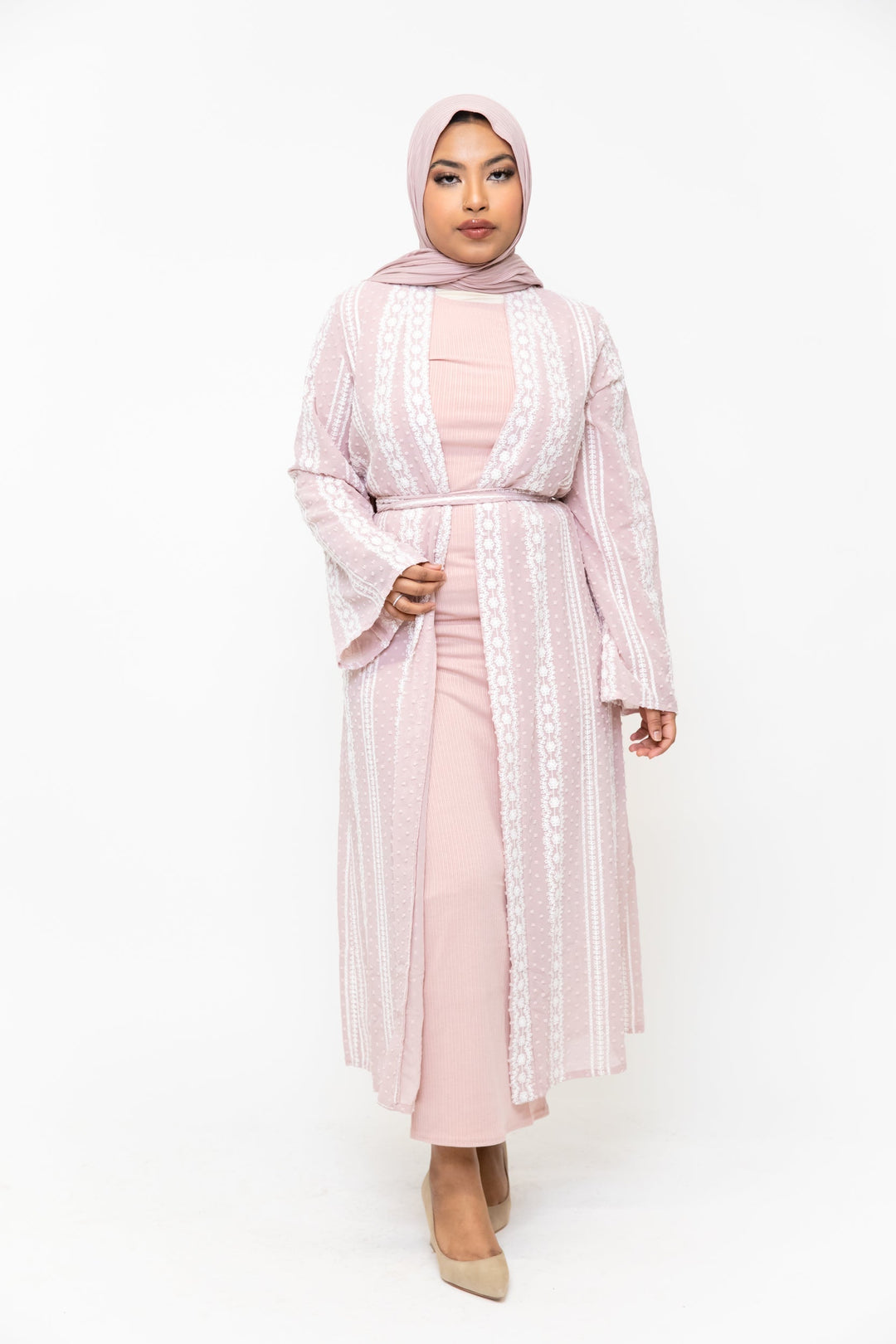 Pink Boho Lace Embroidered Sheer Midi Cardigan