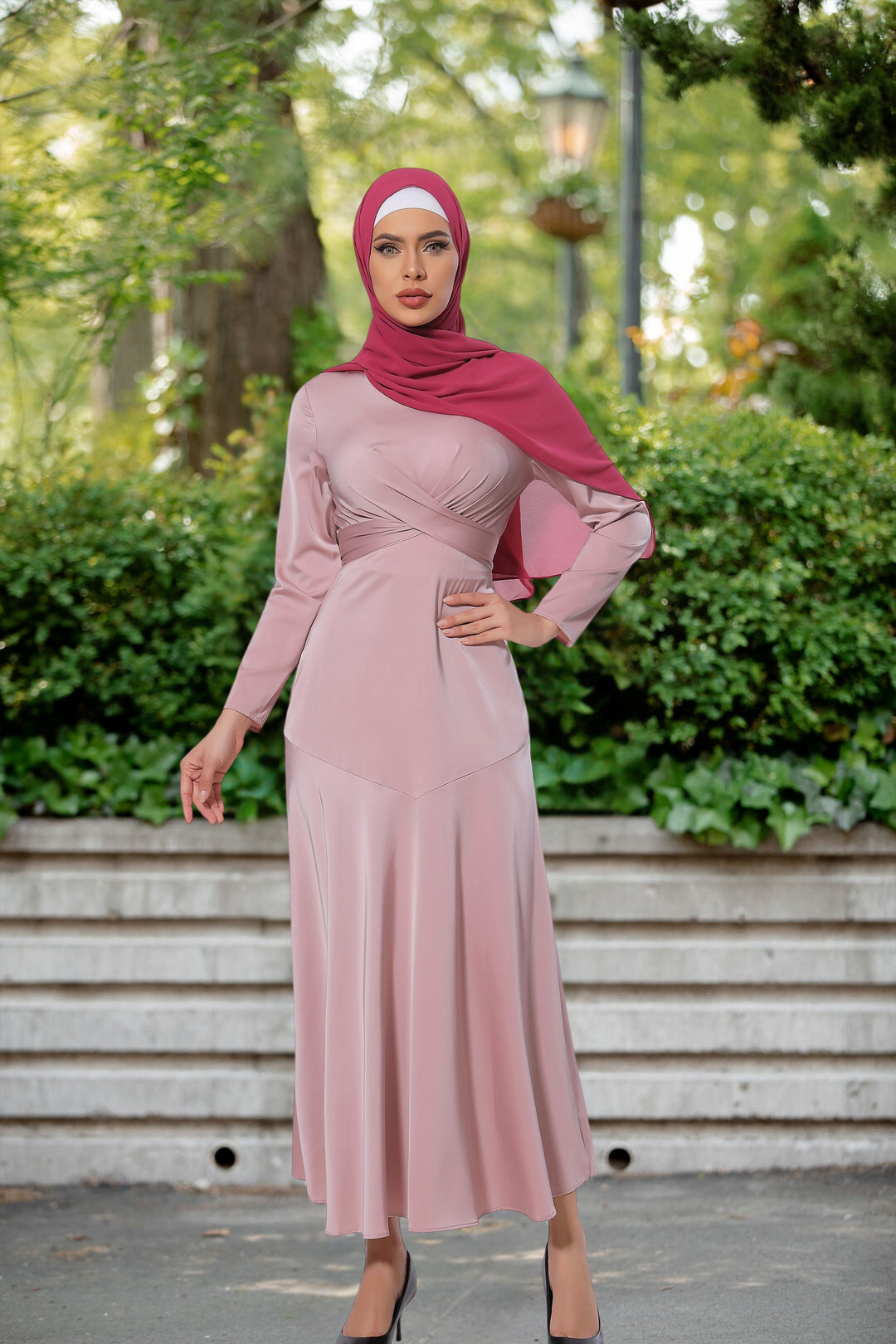 Pink Criss Cross Satin Long Sleeve Maxi Dress-CLEARANCE