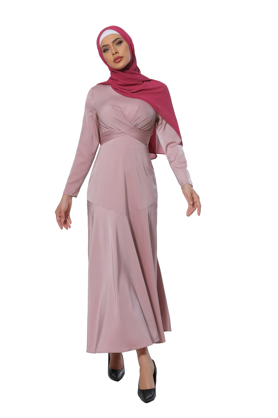 Pink Criss Cross Satin Long Sleeve Maxi Dress-CLEARANCE