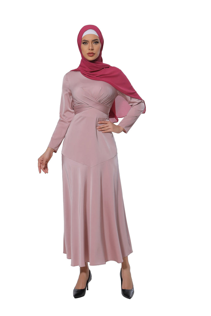 Pink Criss Cross Satin Long Sleeve Maxi Dress-CLEARANCE