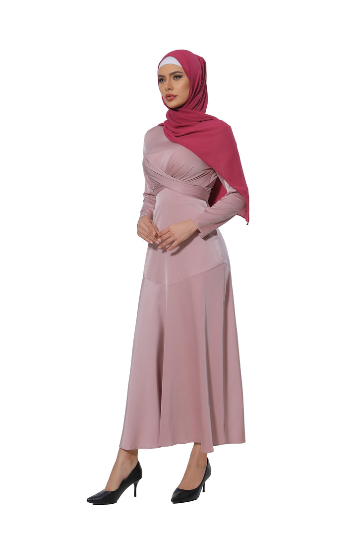 Pink Criss Cross Satin Long Sleeve Maxi Dress-CLEARANCE