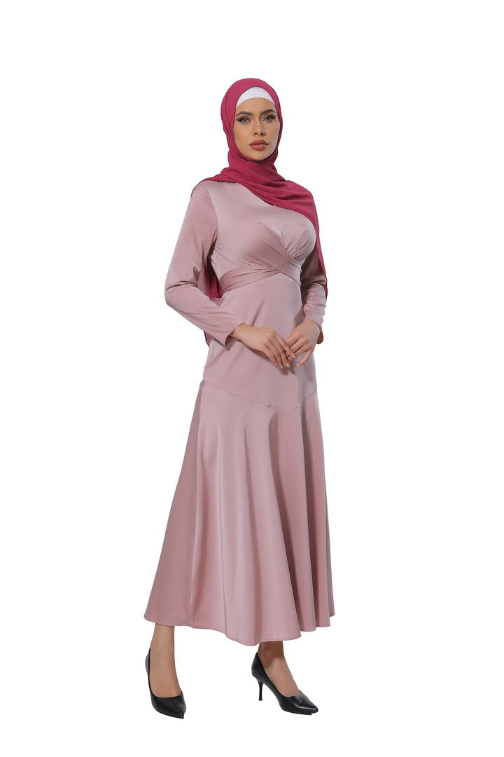 Pink Criss Cross Satin Long Sleeve Maxi Dress-CLEARANCE