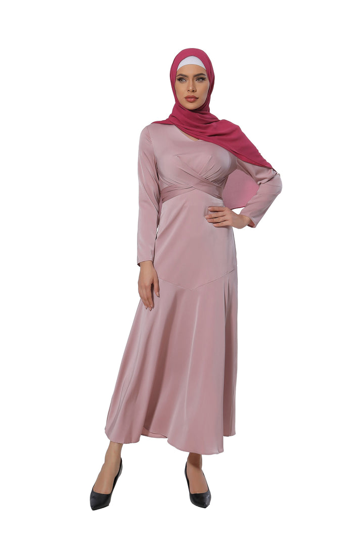 Pink Criss Cross Satin Long Sleeve Maxi Dress-CLEARANCE