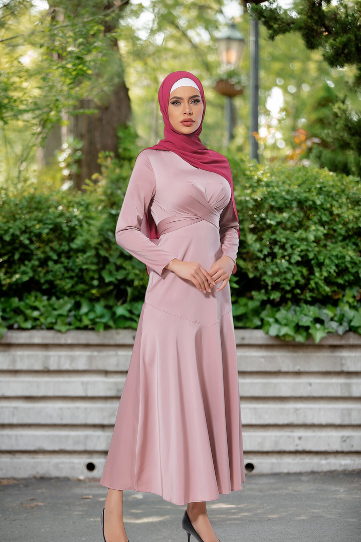 Pink Criss Cross Satin Long Sleeve Maxi Dress-CLEARANCE