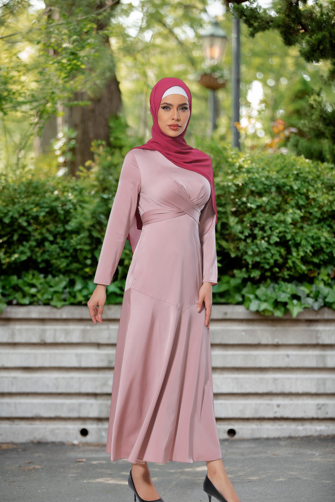 Pink Criss Cross Satin Long Sleeve Maxi Dress-CLEARANCE