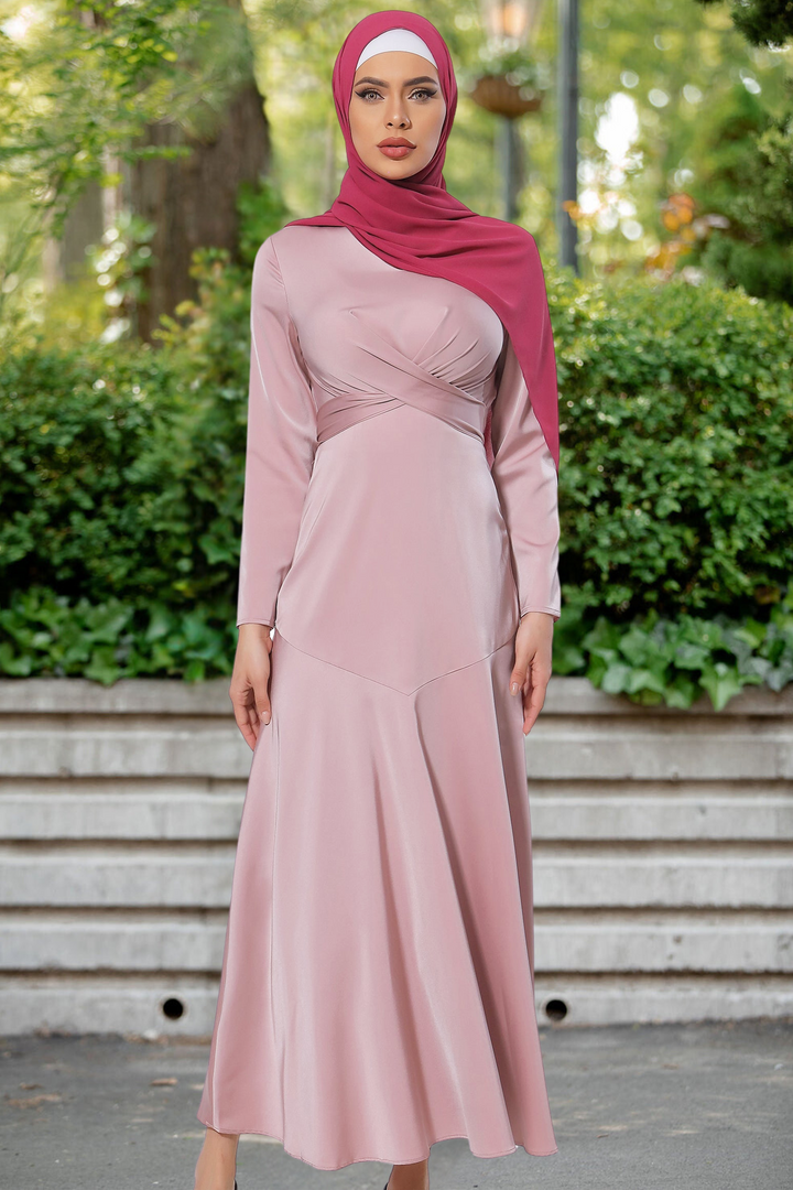 Pink Criss Cross Satin Long Sleeve Maxi Dress-CLEARANCE