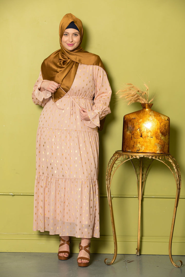 Pink Diamond Shimmer Tiered Drawstring Maxi Dress