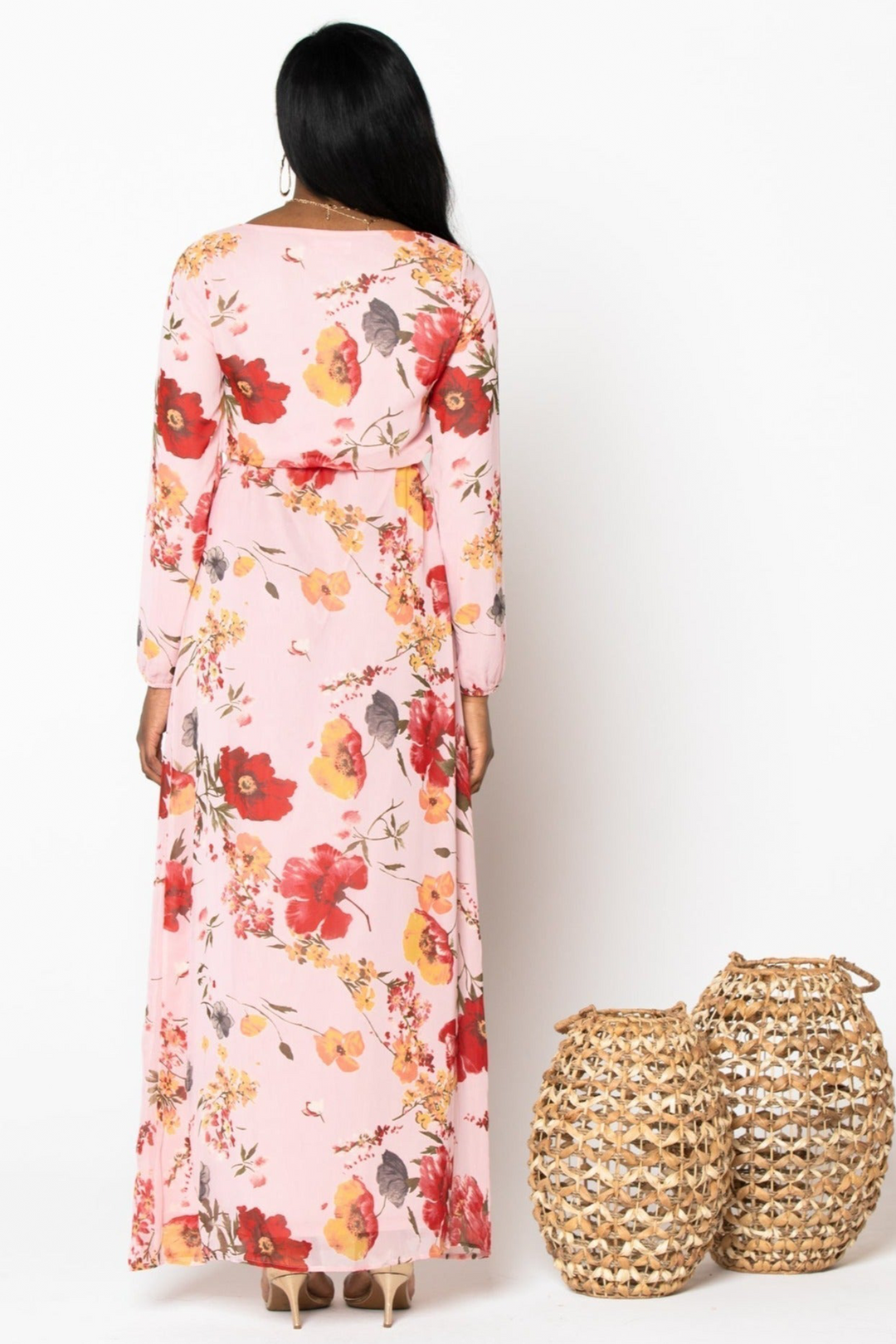 Pink Floral Drawstring Maxi Dress-CLEARANCE