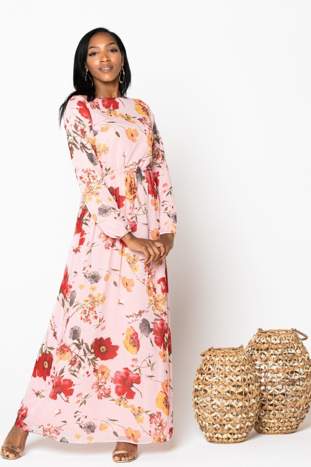 Pink Floral Drawstring Maxi Dress-CLEARANCE