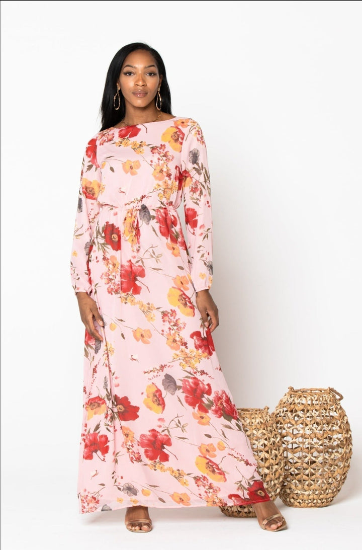 Pink Floral Drawstring Maxi Dress-CLEARANCE