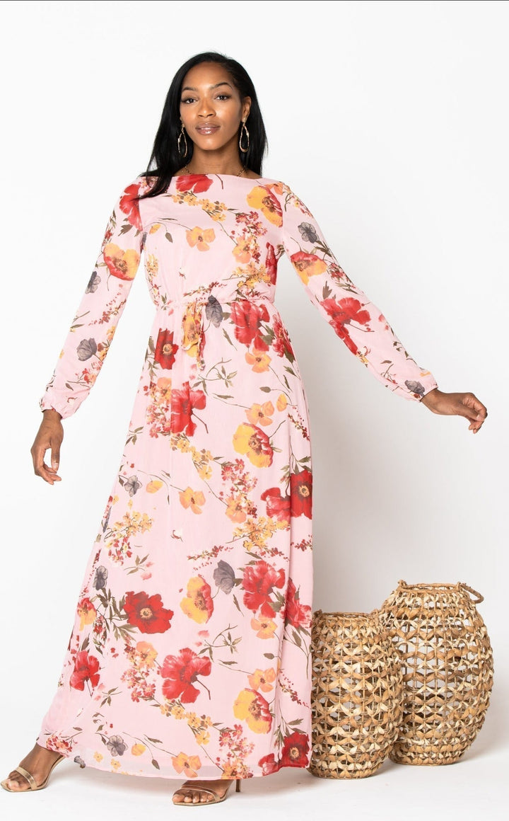 Pink Floral Drawstring Maxi Dress-CLEARANCE