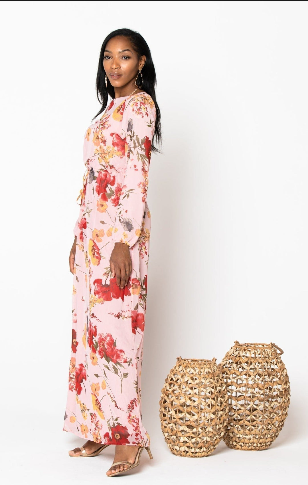 Pink Floral Drawstring Maxi Dress-CLEARANCE