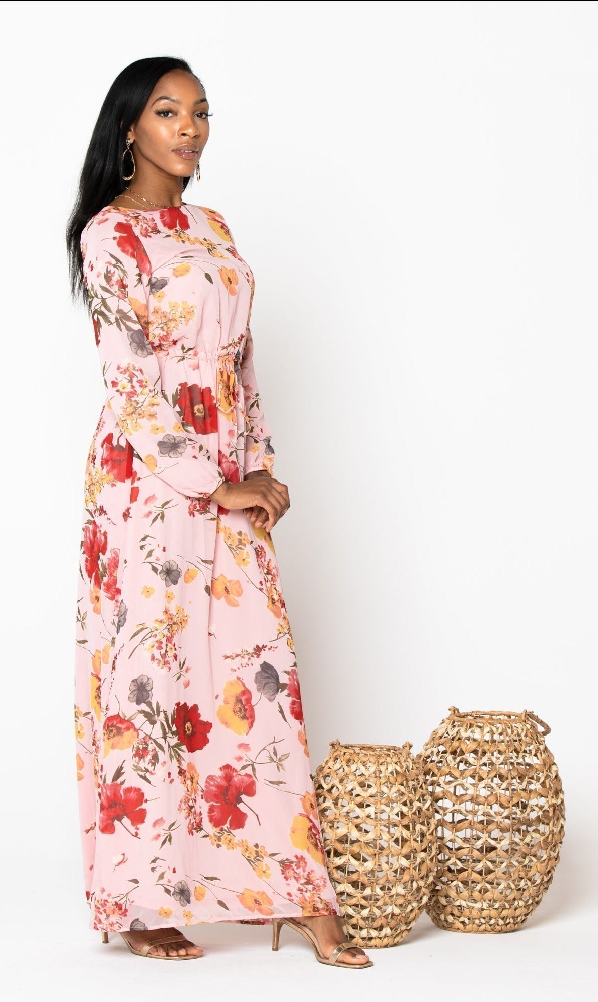 Pink Floral Drawstring Maxi Dress-CLEARANCE – Urban Modesty