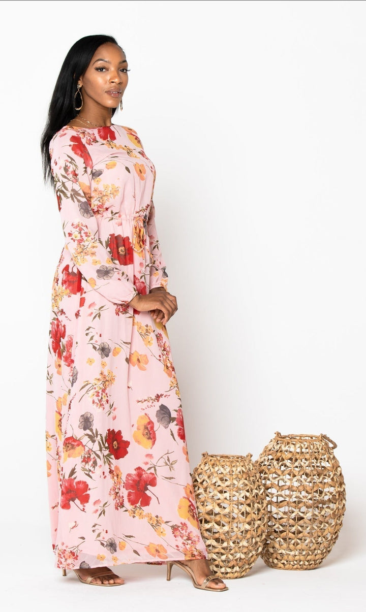 Pink Floral Drawstring Maxi Dress-CLEARANCE