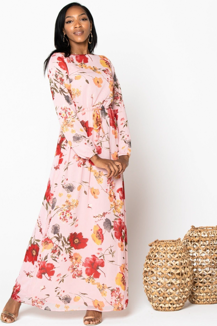 Pink Floral Drawstring Maxi Dress-CLEARANCE