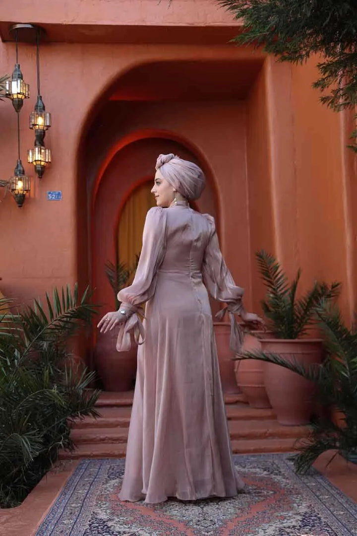 Pink Organza Criss Cross Gown - elegant fit and flare dress with criss cross design, perfect for formal events.