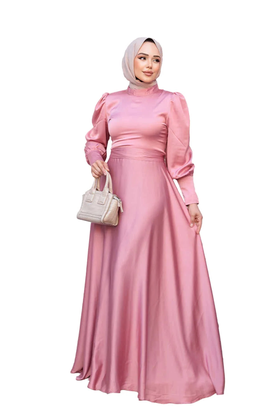 Model wearing Pink Rose Satin Gown with fit and flare silhouette and crew neckline, Made in Turkey Edition.